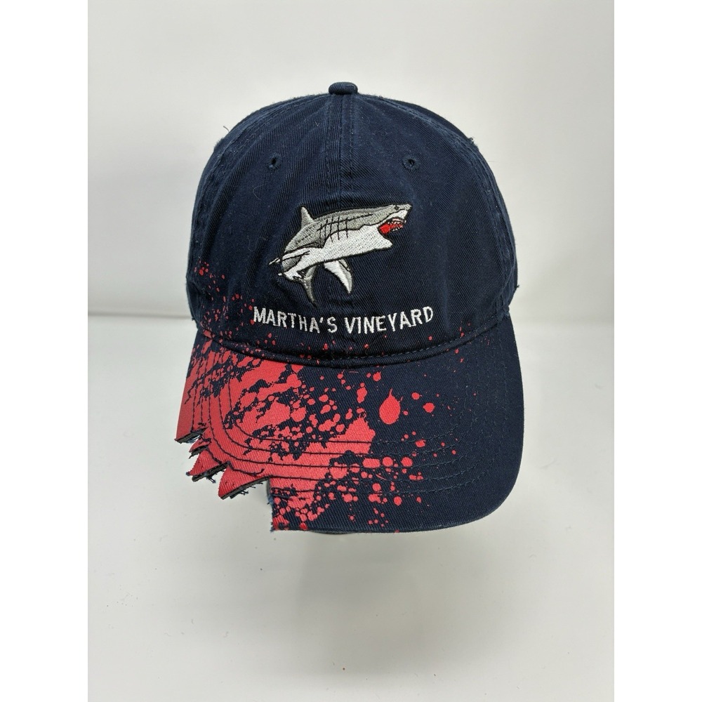 Martha's Vineyard Shark Hat Bitten Brim Distressed Navy Blue Red Meds Maps OSFM‎